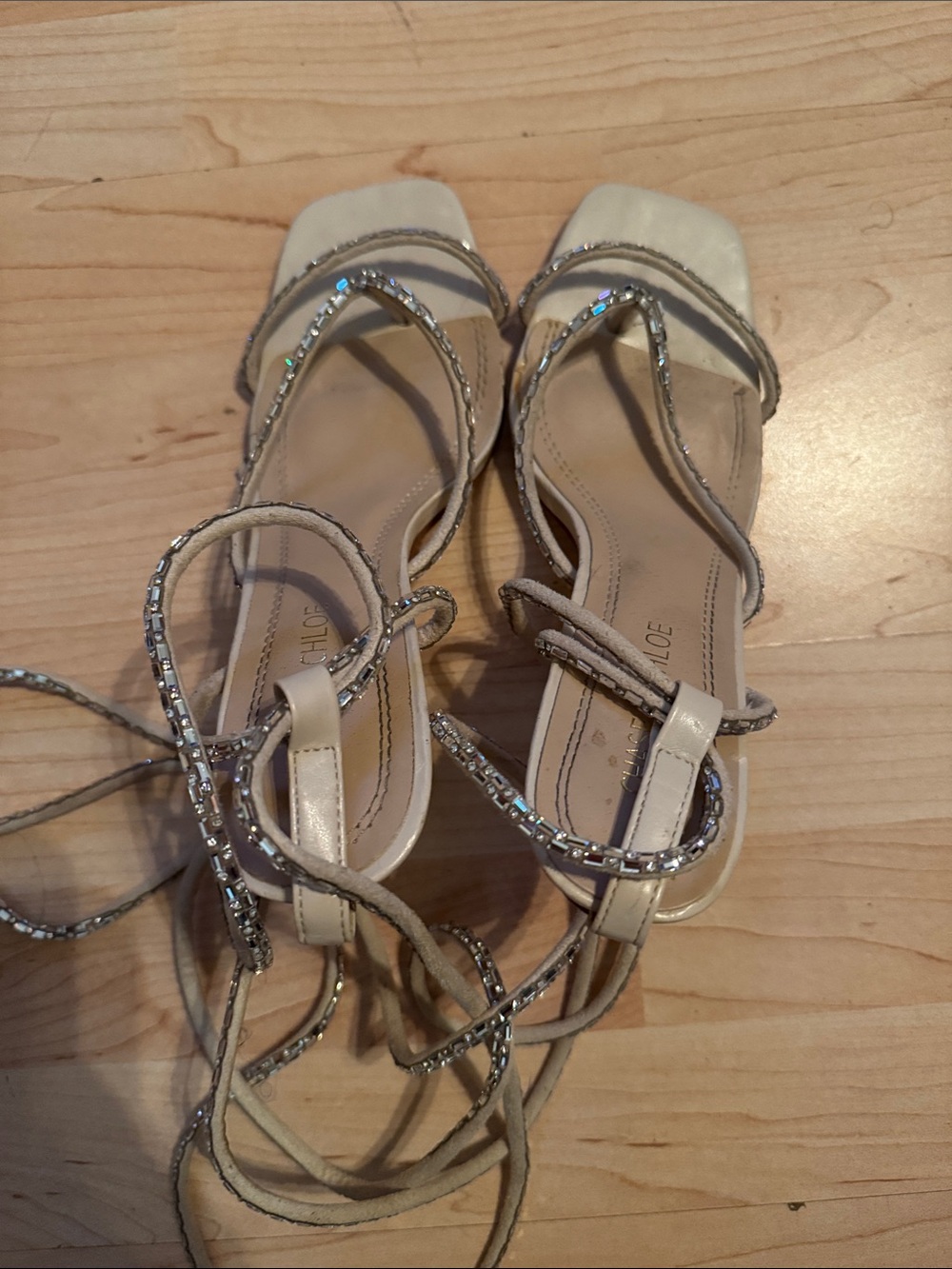 Women's Strappy Square-Toe Sandals in Ivory with Embellished Ties
